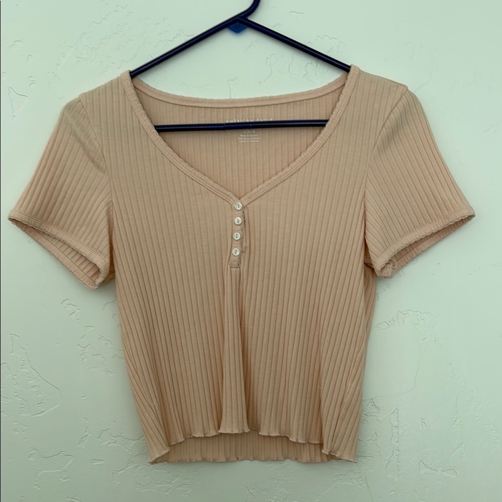 American Eagle Outfitters Tan Ribbed Crop Blouse